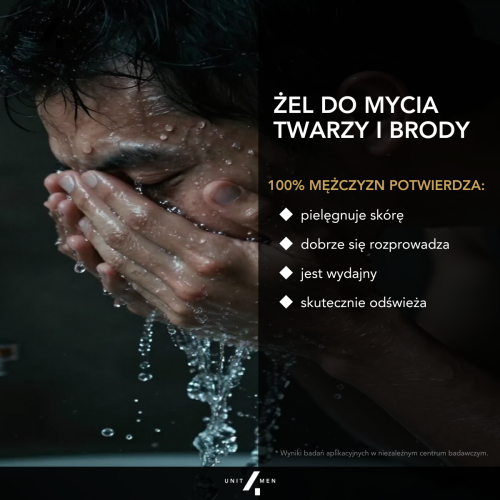 Żel do mycia twarzy i brody na szarym tle Unit4Men