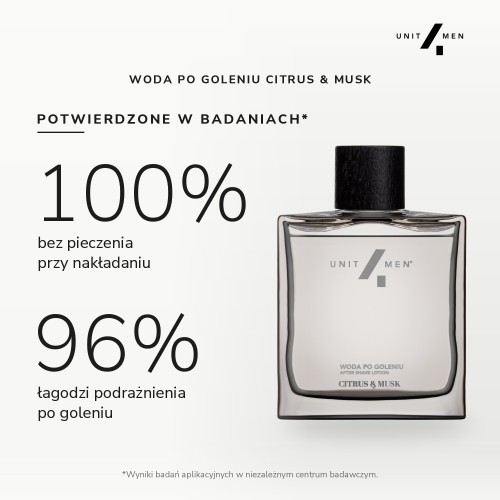 Woda po goleniu Citrus&Musk Unit4Men – potwierdzone w badaniach: 100% bez pieczenia, 96% łagodzi podrażnienia